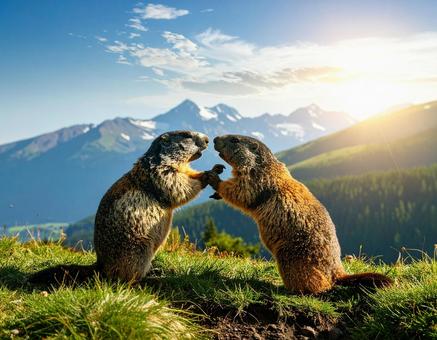 喧嘩して威嚇しあうマーモット 喧嘩して威嚇しあうマーモットの写真