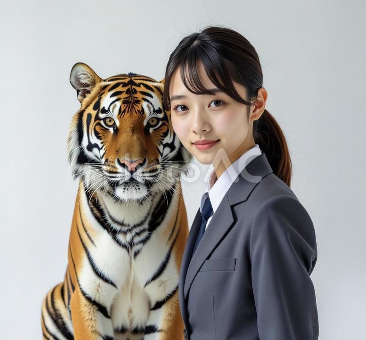 若い女性と虎 若い女性,トラ,動物の写真素材