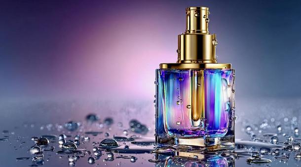 水滴に包まれた虹色ボトルの香水イメージの写真
