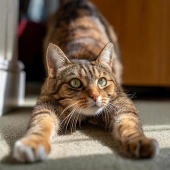 柔軟な体:伸びをする茶色の猫の愛らしい姿 柔軟な体:伸びをする茶色の猫の愛らしい姿の写真