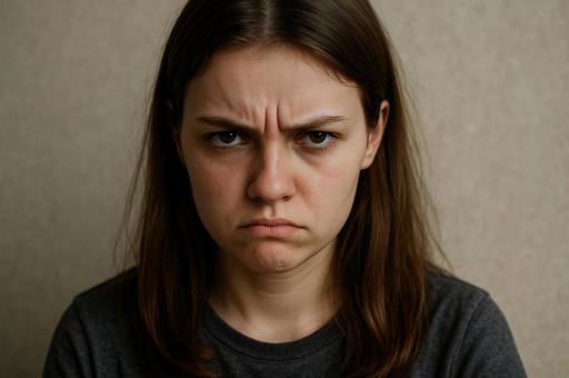 不機嫌な若い女性の顔の写真