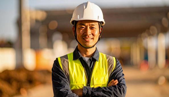 建設現場で腕組する建設作業員 建設現場で腕組する建設作業員の写真
