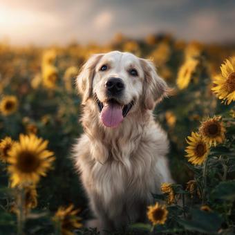 幸せいっぱいの表情を見せるひまわり畑の犬 幸せいっぱいの表情を見せるひまわり畑の犬の写真