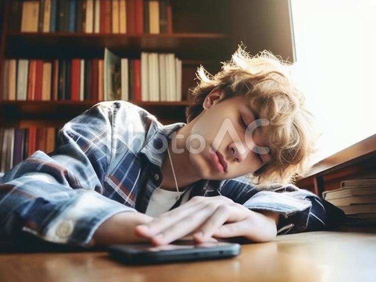 ２０代大学生男性の図書館での睡眠 図書館,勉強,休憩の写真素材