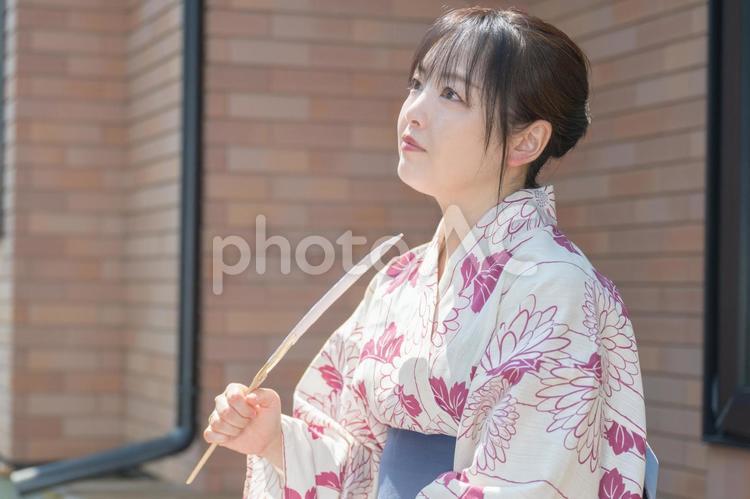 団扇を仰ぐ浴衣の女性 浴衣,女性,横顔の写真素材
