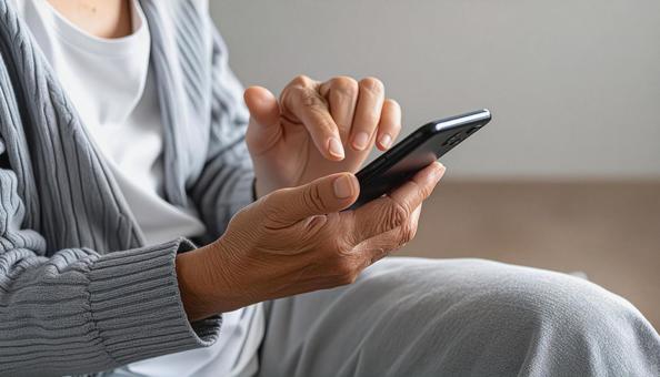 スマホを操作する高齢女性の手元 スマホを操作する高齢女性の手元の写真