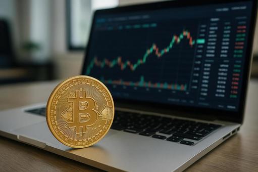 パソコン画面とビットコイン パソコン画面とビットコインの写真
