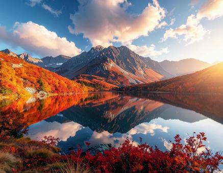 湖に映る紅葉の美しい山々 湖に映る紅葉の美しい山々の写真