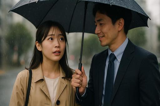 雨の街角の二人と傘の写真