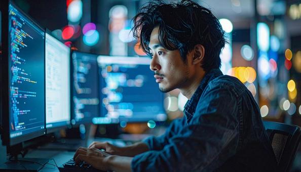 未来的なオフィスで作業するプログラマーの写真