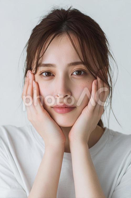 頬に手を当てる20代日本人女性 女性,日本人,若い女性の写真素材