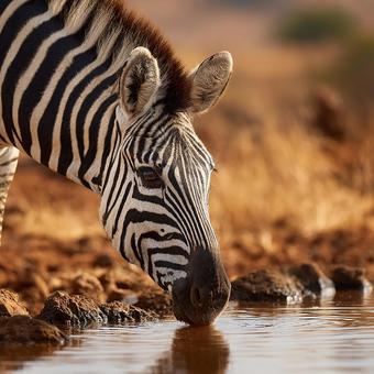 水面を正面から見つめる野生のシマウマ 水面を正面から見つめる野生のシマウマの写真