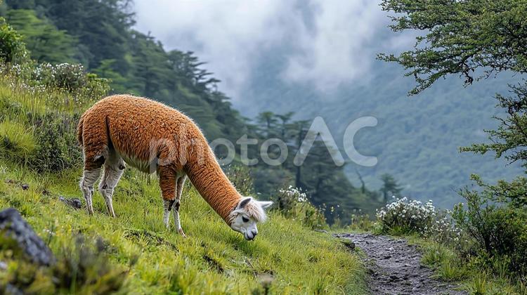 春山のアルパカ アルパカ,山道,春の写真素材