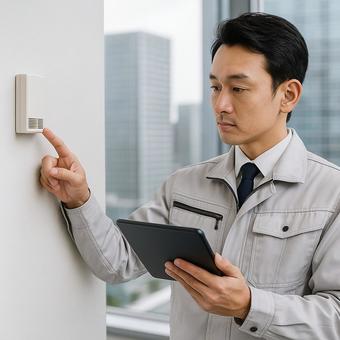 壁面IOT装置を点検する技術者 壁面IOT装置を点検する技術者の写真