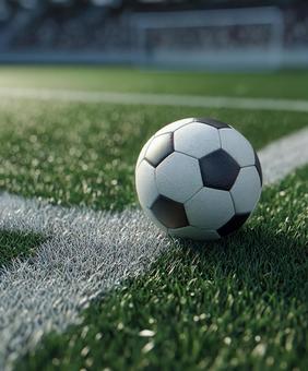 コーナーに置かれたサッカーボール コーナーに置かれたサッカーボールの写真
