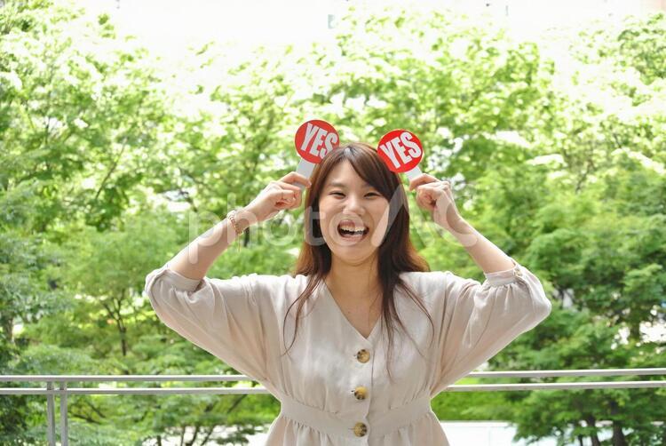 YESのカードを持った女性 女性,ol,元気の写真素材