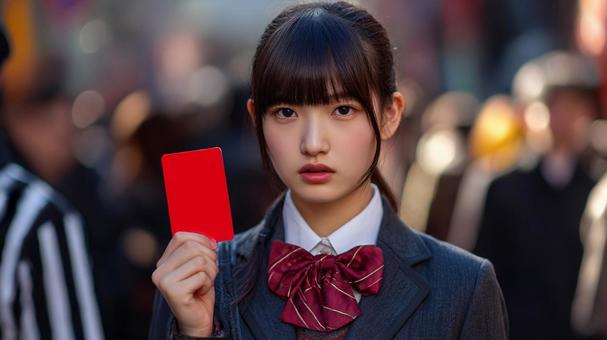 人混みレッドカードを掲げる女子高生の写真