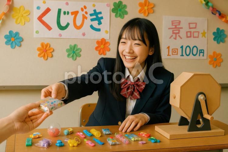 くじ引きブースで景品を渡す くじ引き,ブース,景品の写真素材