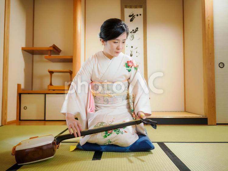 33：和服で三味線を演奏する女性 三味線,着物,伝統芸能の写真素材