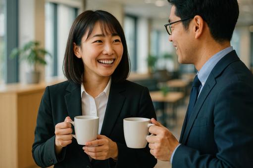 同僚と談笑する女性社員 同僚と談笑する女性社員の写真