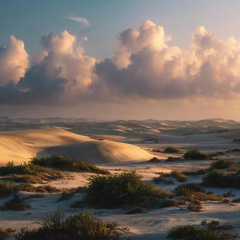 Sunset in the vast desert with beautiful wind patterns, desert, sand dunes, style, JPG