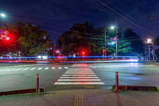 夜の県庁前交差点 宮崎県庁,宮崎県,宮崎市の写真素材