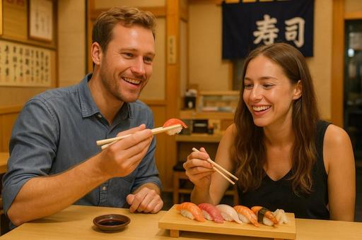 日本で寿司を楽しむ外国人観光客の写真