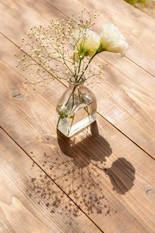 木製テーブルに映る花瓶と花の影 花,白,トルコキキョウの写真素材