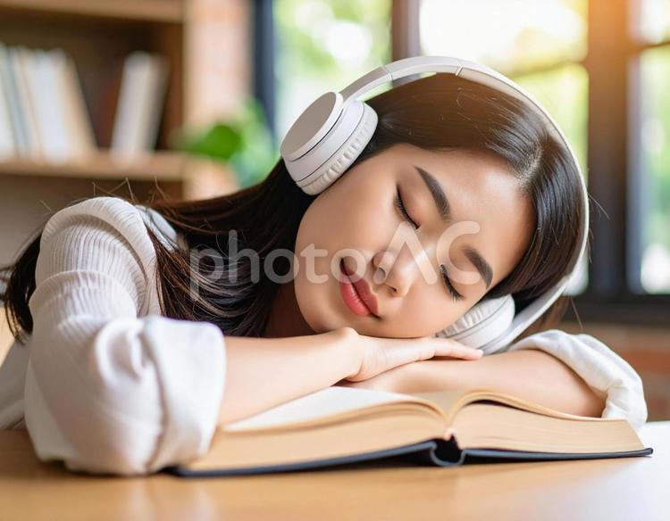 読書をしながら寝落ちする女性3 読書,寝落ち,ヘッドフォンの写真素材