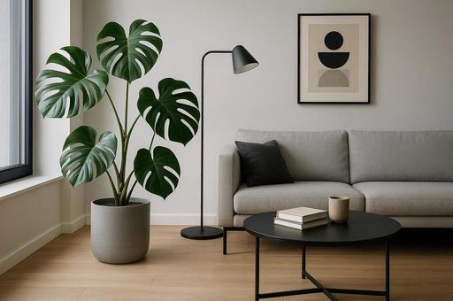 モンステラが置かれたモダンなインテリアの写真