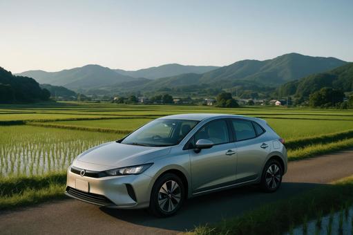 自然の中に停車した白い電気自動車の風景 自然の中に停車した白い電気自動車の風景の写真