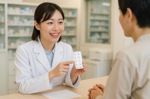 カウンターで薬の説明をする薬剤師 カウンターで薬の説明をする薬剤師の写真