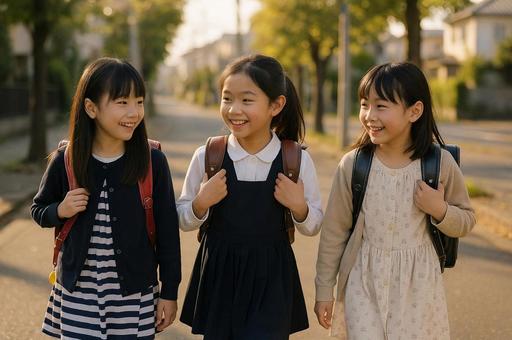 下校中の小学生女の子3人組 下校中の小学生女の子3人組の写真