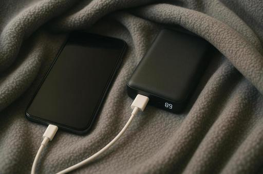 毛布の中のスマホとモバイルバッテリー 毛布の中のスマホとモバイルバッテリーの写真