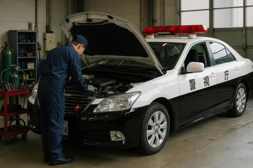 パトカーを整備する整備員の写真