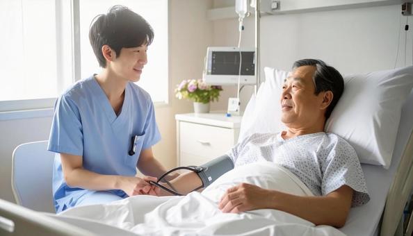 患者の血圧を測る看護師 患者の血圧を測る看護師の写真