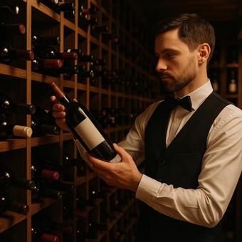 ワインセラーからワインを摂るソムリエの写真