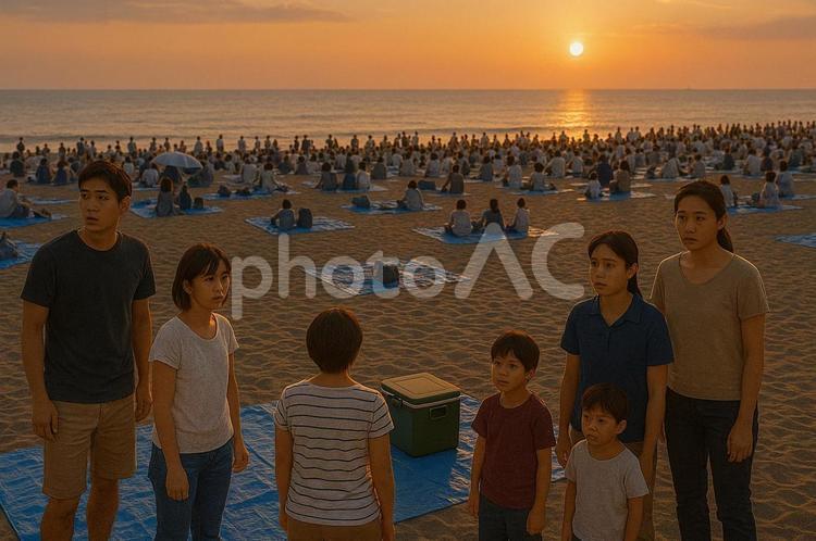 花火大会の場所取りの風景（海沿い）砂浜② 海,場所取り,夕暮れの写真素材