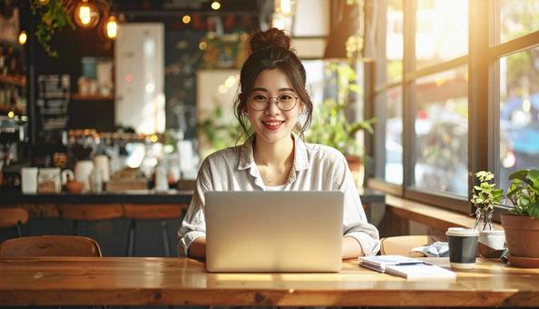 カフェで仕事をするフリーランス女性 カフェで仕事をするフリーランス女性の写真