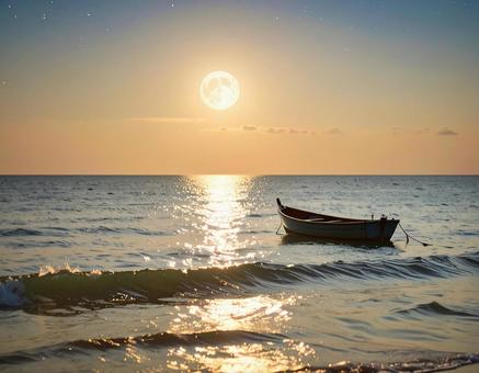 満月の夜の静かな海と船、幻想的な光 夏 満月の夜の静かな海と船、幻想的な光 夏の写真