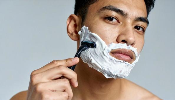 髭剃りをする男性 髭剃りをする男性の写真
