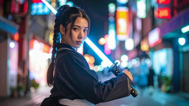光る日本刀を持った若い女性03 光る日本刀を持った若い女性03の写真