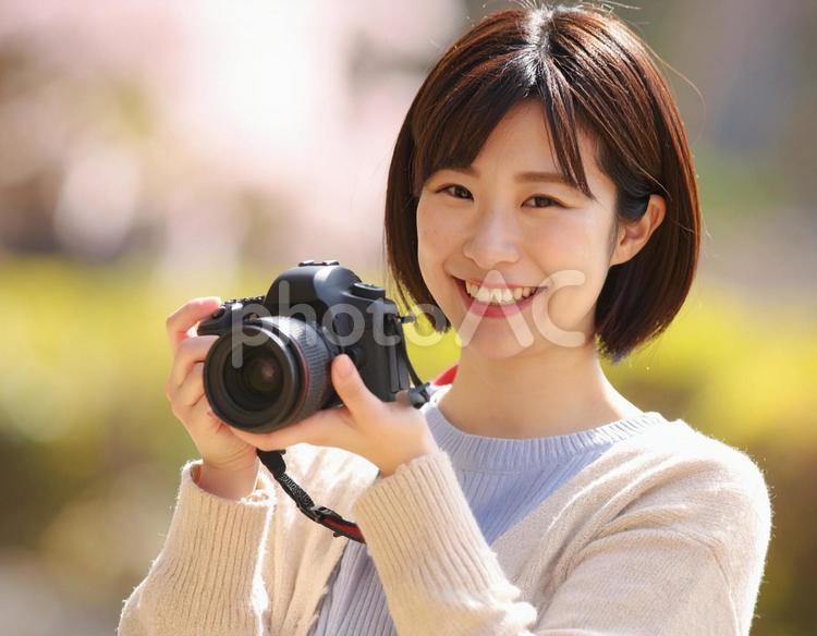 春の風景を撮影するカメラ女子 カメラ女子,女性,写真の写真素材