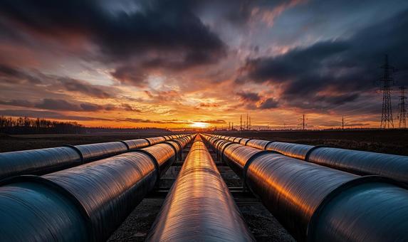 夕焼けに染まる広大なパイプライン 夕焼けに染まる広大なパイプラインの写真