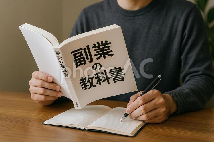 副業の教科書を読む男性とノート 副業,本,教科書の写真素材