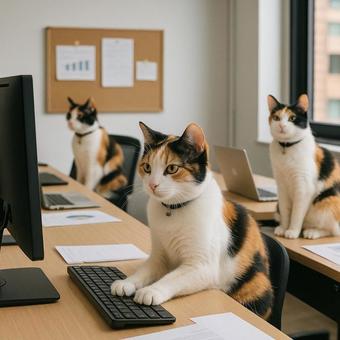 オフィスで働く三毛猫たち オフィスで働く三毛猫たちの写真