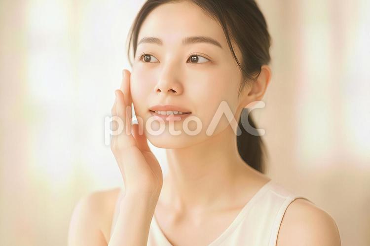 頬に触れうっとりした表情の若い女性素材 若い女性,スキンケア,美肌の写真素材