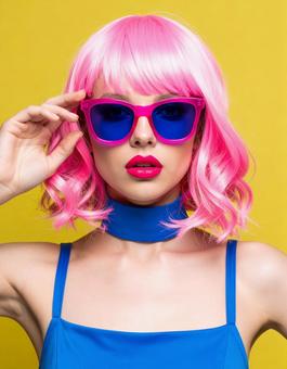 ピンクフレームサングラスの女性 ピンクフレームサングラスの女性の写真