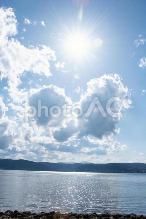 湖に雲間から差す陽ざしの風景 湖,雲,陽射しの写真素材