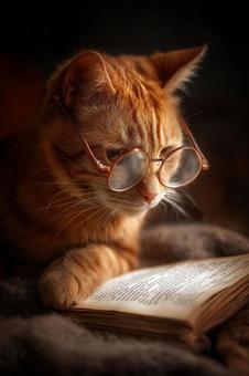 読書好きの猫:眼鏡をかけた賢い表情 読書好きの猫:眼鏡をかけた賢い表情の写真